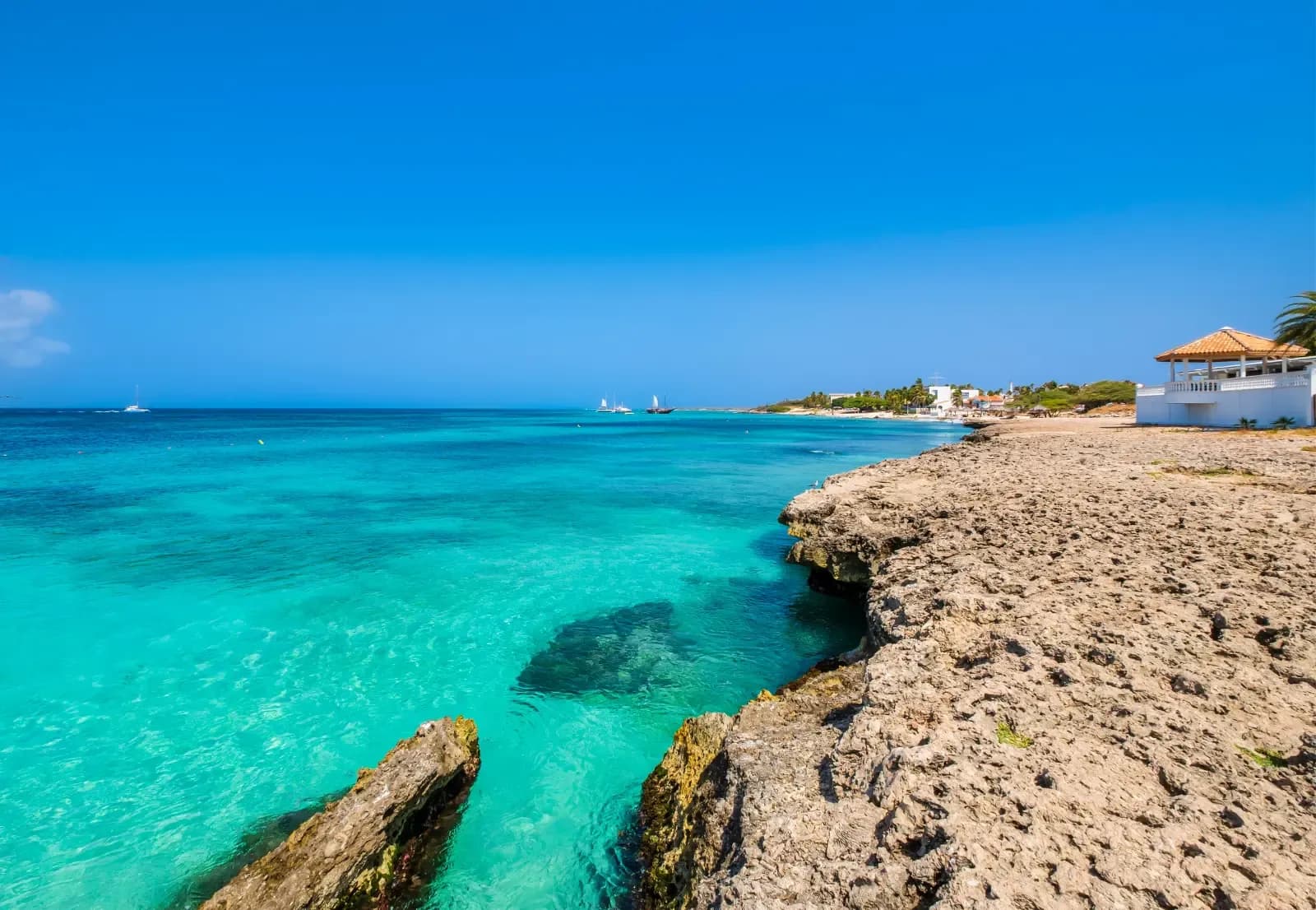 The turquoise coastline and rocky shore at Malmok Beach in Aruba